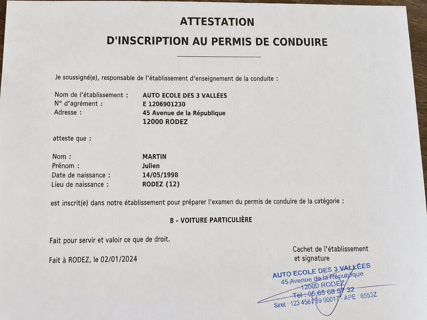 Attestation d'inscription au permis de conduire